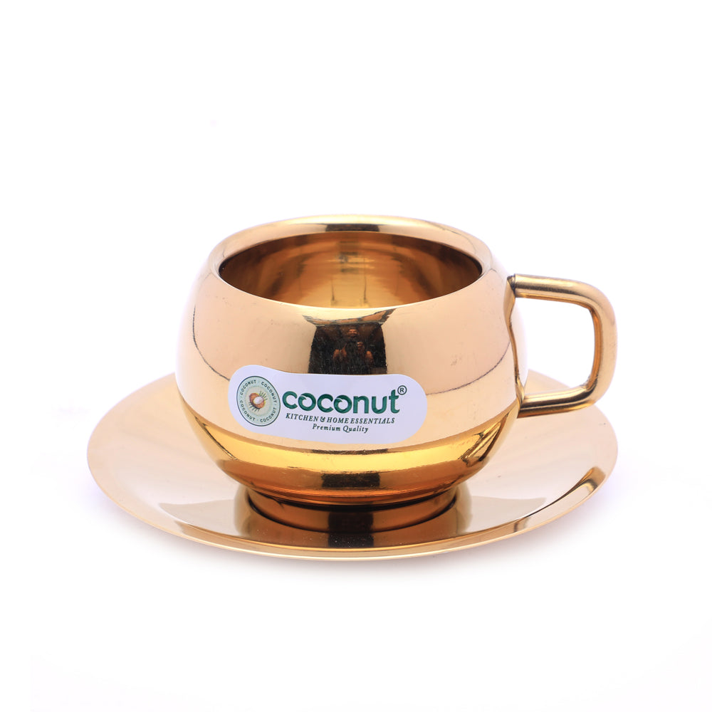 Coconut Glitter Stainless Steel Gold Coating Cup and Saucer For Tea/Coffee - 1 Unit - 70ML