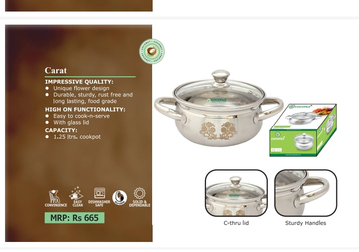 Coconut Stainless steel Laser Design with matt Finish Handi Cook n Serve with Glass Lid - Model - Carat -Capacity 1.5 ltr