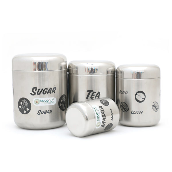 Coconut Stainless Steel Jumbo Matt -Tea/Coffee/Sugar/Masala Containers, Set of 4 (Sugar-500, Tea-400, Coffee - 300 & Masala - 100 ML)-Silver