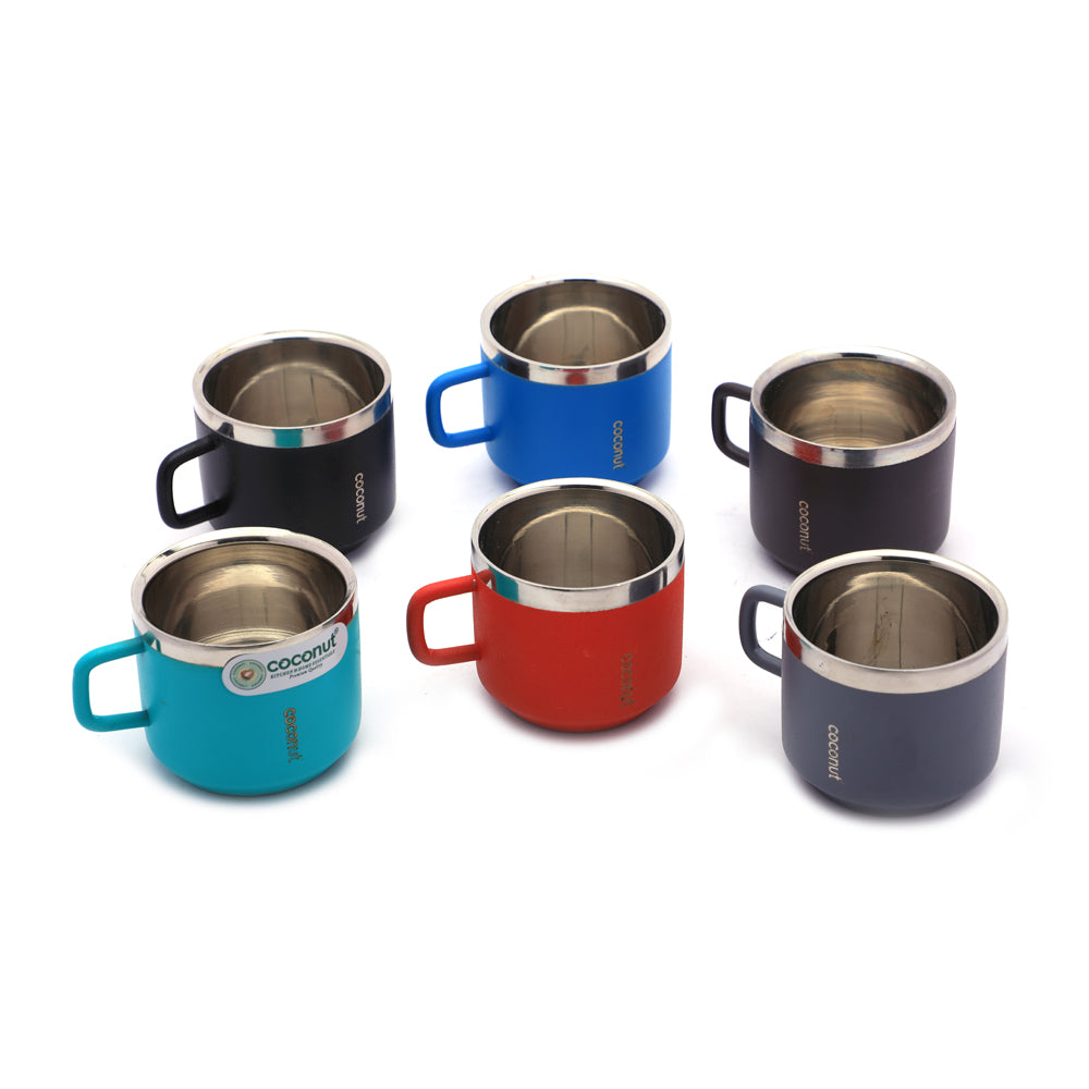 Coconut Iconic Stainless Steel Double Walled Colour Coating Coffee/Tea Mug - Multi Colour - set of 6 -  100ML Each