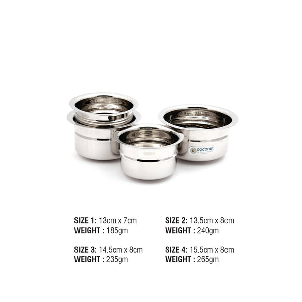 Coconut Stainless Steel Baby Topes Without Lid - Set of 4 (300 ML / 400 ML / 500ML & 600ML)