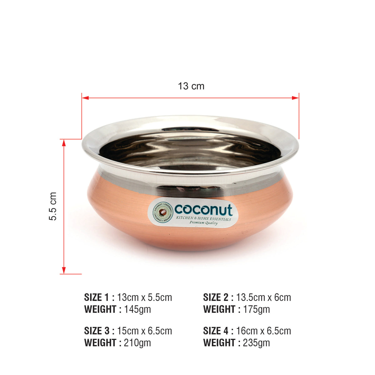 Coconut Stainless Steel Mantra Copper Handi Bowl/Cookware (Without