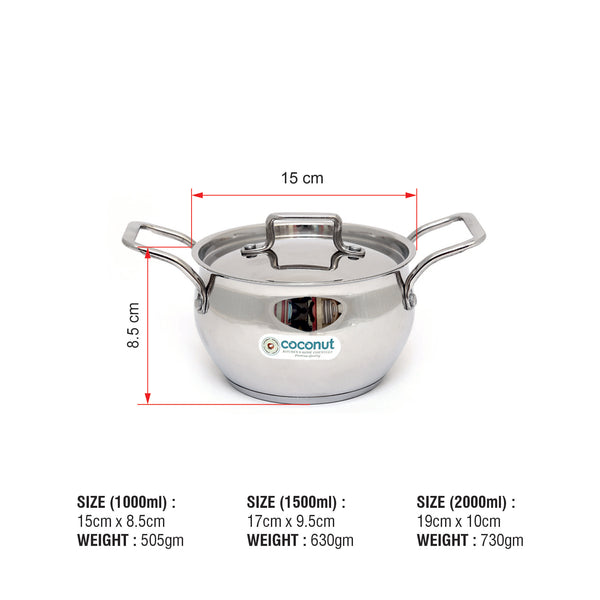 Coconut Rexona Pot Cook and Serve -Stainless Steel with Heavy Bottom (Sandwich Bottom)