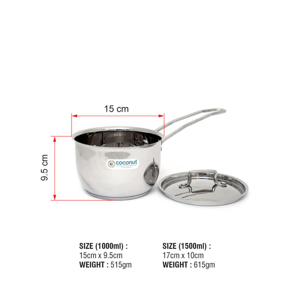 Coconut Stainless Steel Capsulated Saucepan with Lid - 1 Unit - Triply Layer Sandwich Bottom - Gas and Induction