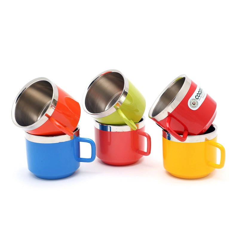 Coconut Colourful Stainless Steel Tea /Coffee Mugs - Set of 6 (Food Grade) - Model - Vibrant Multicolour Double Walled Family Mug Set