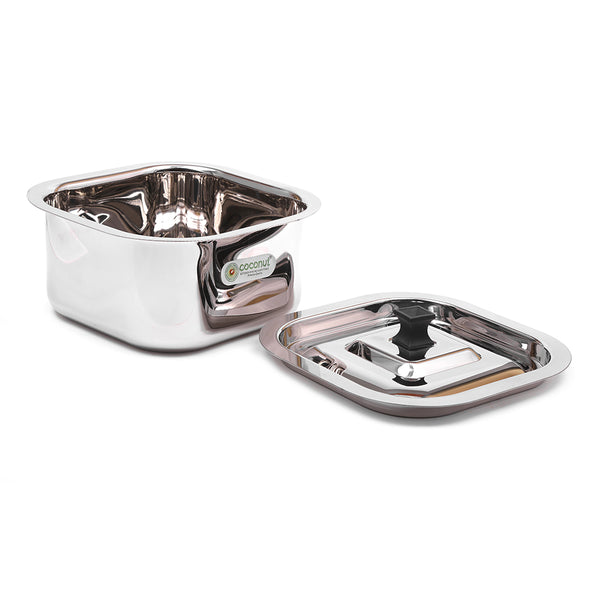 Coconut Stainless Steel Square Dish/Handi with Stainless Steel Lid for Cook & Serve - 1 Unit