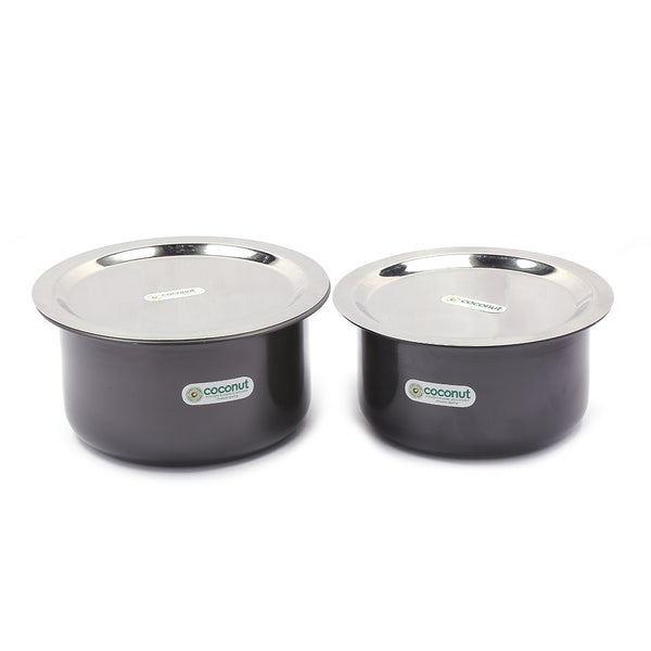 Coconut Hard Anodised Tope/Patila for Cook and Serve with SS Lid and Gas Stove & Induction Base Top Compatible - 2 Unit - Capacity - 3 litres, 3.5 Litre (Dimension - 23Cm, 24cm)