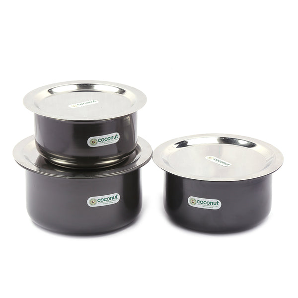 Coconut Hard Anodised Tope/Patila for Cook and Serve with SS Lid and Gas Stove & Induction Base Top Compatible - 3 Unit - Capacity - 1 Litre, 1.5 Litre, 2 Litre  (Dimension - 17Cm, 18cm, 20cm.)