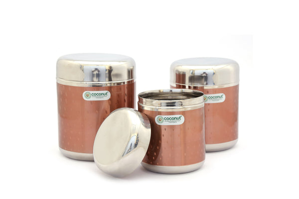 Coconut Shinestar Stainless Steel with shower coating Round Dabba/Container/Storage/Canister - Set of 3 - Capacity - 500ml, 1000ml, 1500ml