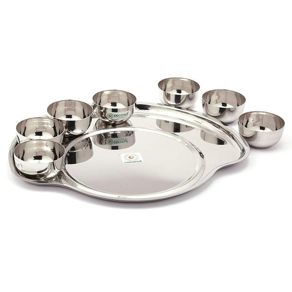 Coconut Stainless Steel Maharaja Bhog (Heavy Guage) Mirror Finish Dinner Thali Set Having One Plate & Seven Bowls(200ML Capacity) - 8 Pc (Thali Length- 42Cms & Height - 36.5Cms)