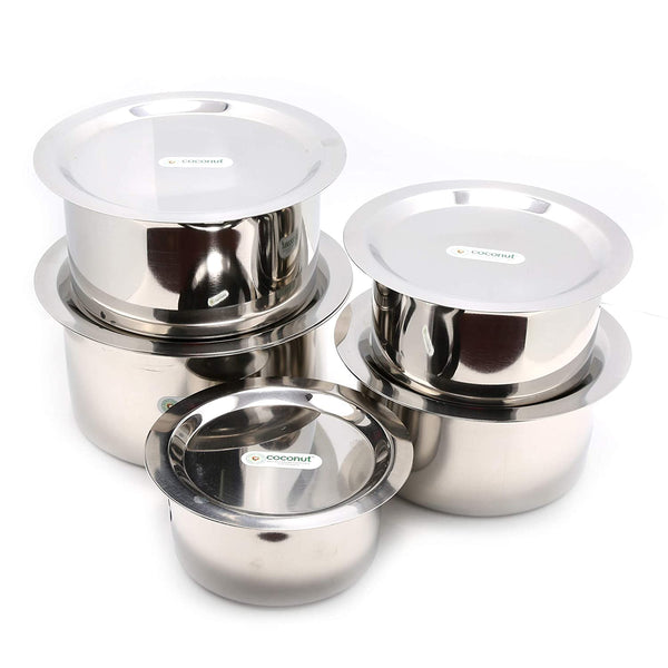 Coconut Stainless Steel Kitchen Tope Induction & Standard Utensils with Lid Cookware Set (Pack of 10) - 1st Tope 750 ml, 2nd tope 1000 ml, 3rd tope 1500 ml, 4th tope 2000 ml, 5th tope 2300 ml