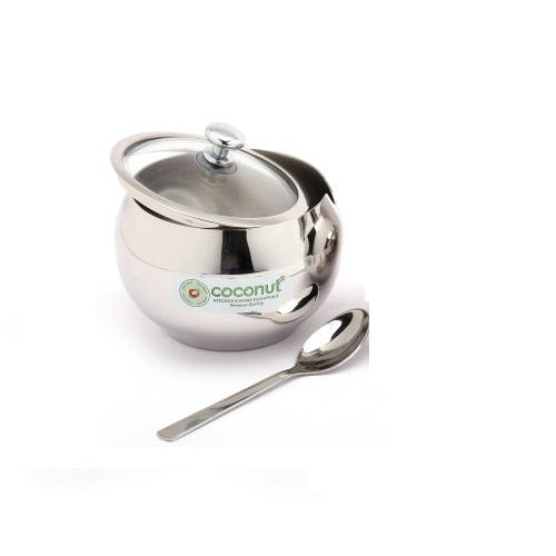 Coconut Stainless Steel (Grade 304) Dazzle Ghee Pot/Oil Pot with Glass Lid - Capacity - 250 ML, Diamater - 8.5 cm
