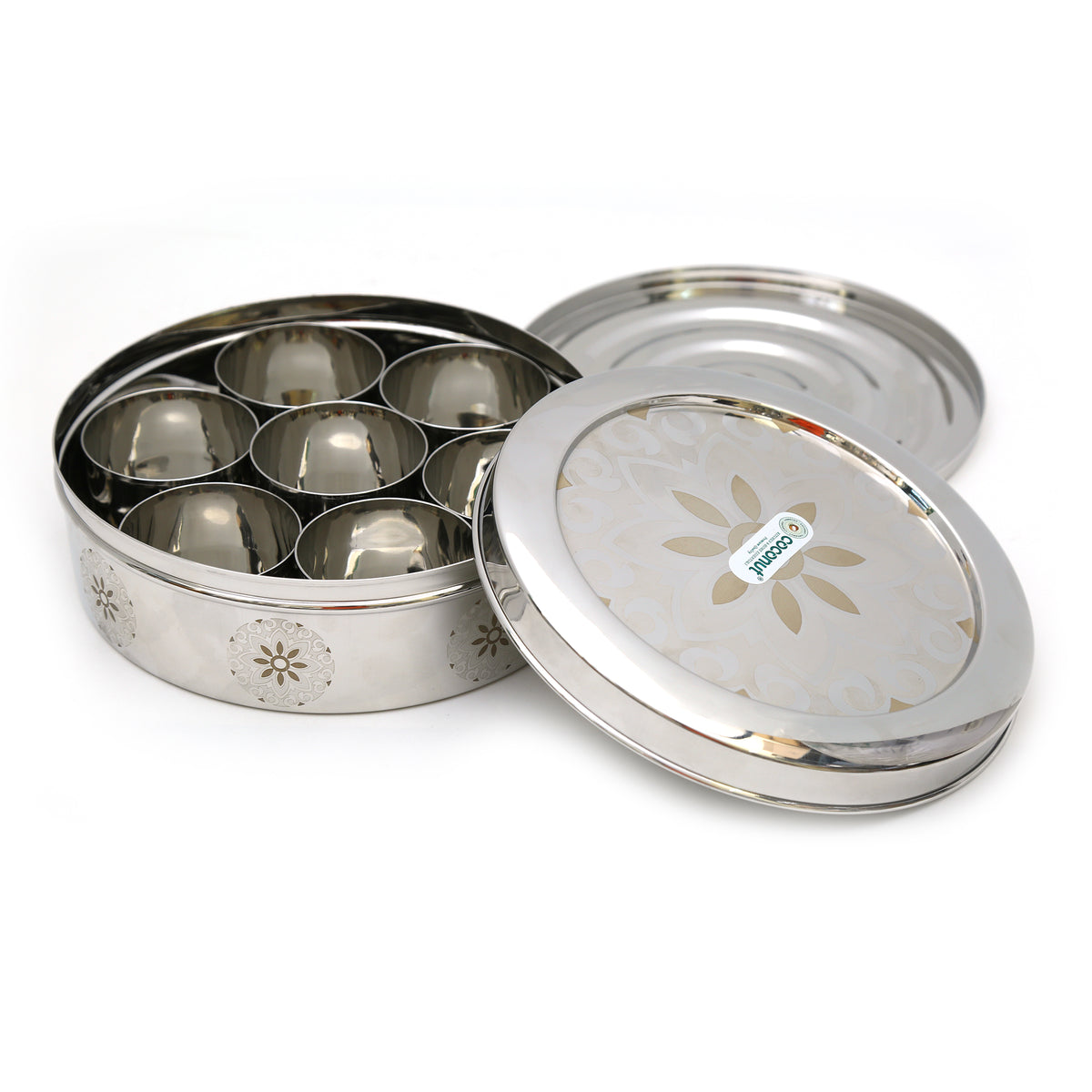 Coconut Stainless Steel Laser Finish Masala Box with Bowls