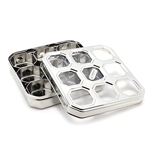 Coconut Stainless Steel Ultimate Masala Box -Square Cubic See thru Lid/Spice box/Condiment box/Dry fruit box - 9 partition, Diamater - 25 CM , Capacity - 150 ML Each Containers