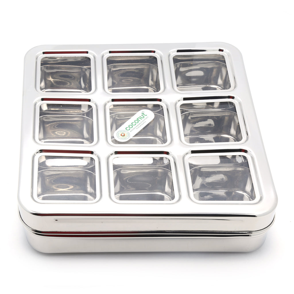 Coconut Stainless Steel Lego Masala Box -Square  Cubic See thru Lid - Spice box - Condiment box - 9 partition - Diameter -  22CM, Capacity - 100 ML Each Containers