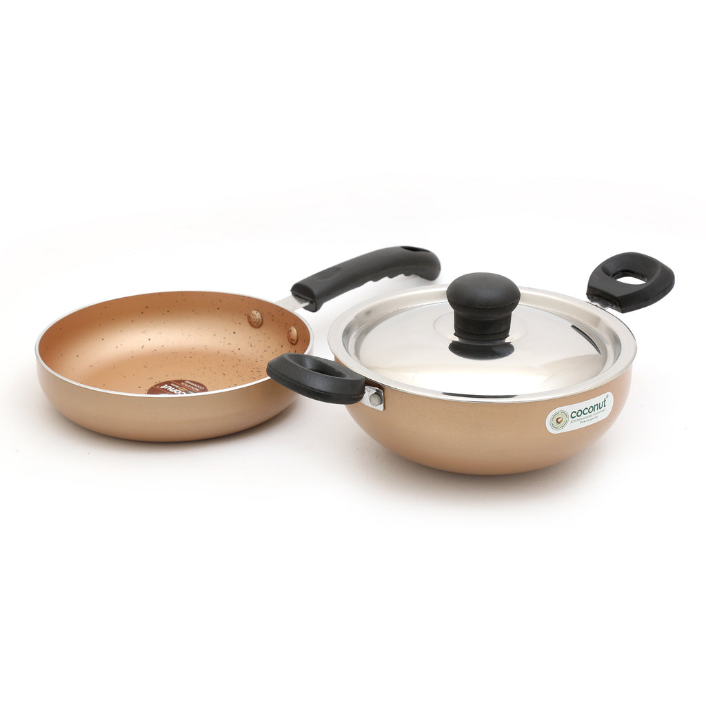 Coconut Black N Gold Series Standard Stove-Friendly Kadai and FryPan with SS Lid Mini Non Stick Set of 2 - Diameter 16Cm Each
