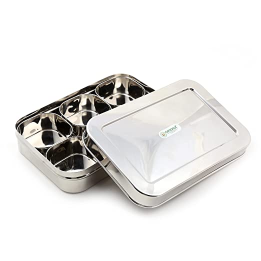 Coconut Stainless Steel Rectangle Masala Box/Dry fruit box with SS Lids with 6 Bowls - 150ML, Diamater - 24 Cm