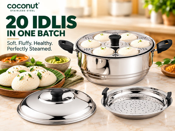 Coconut stainless steel idli steamer making 20 idlis in one batch