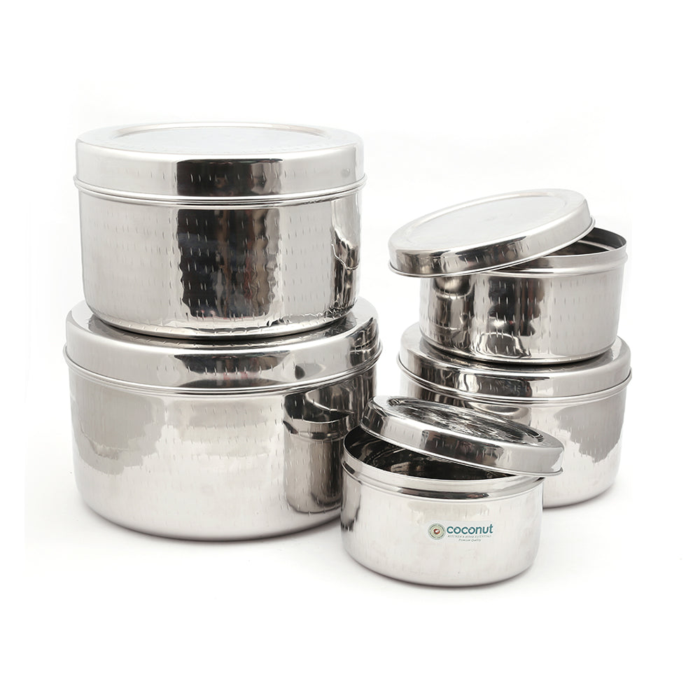 Coconut Hammered Betha Dabba Stainless Steel Container - pack of 5 - (500ML, 750ML, 1000ML, 1250ML, 1500ML)