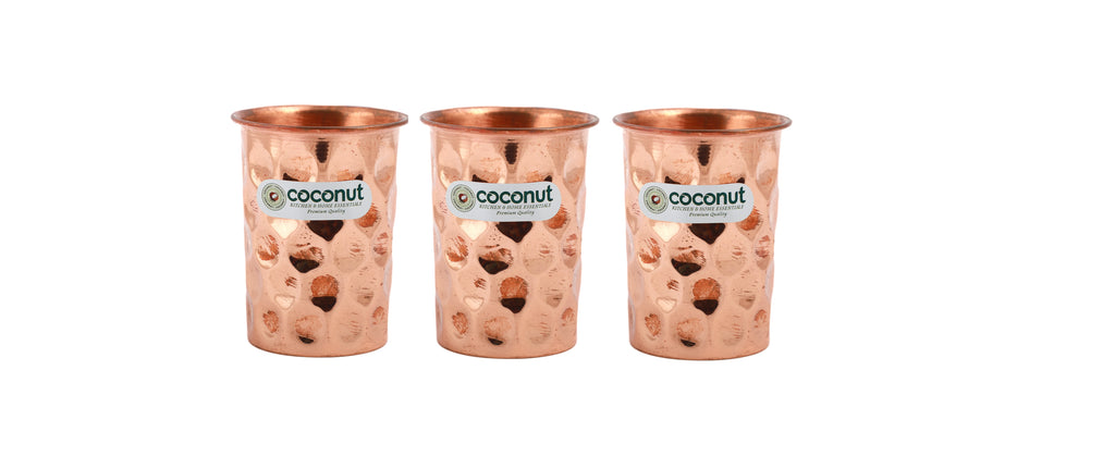 Coconut Copper Water Glass with diamond Hammered - unit1, 270ml each, Tumbler / Drinkware / Copper Glass / Non toxin Copper Glass / Tumbler with Ayurveda Health Benefit, Model - CP2