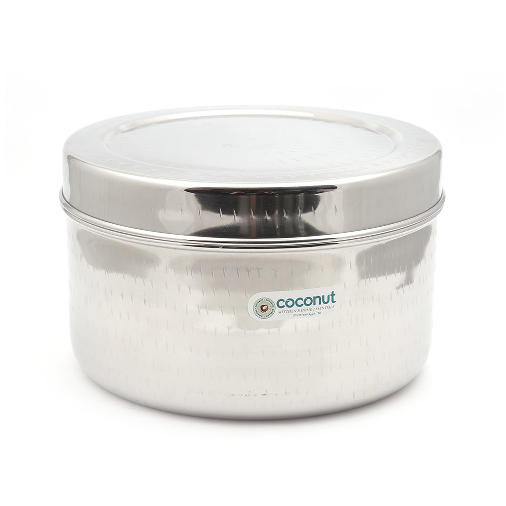Coconut Stainless Steel Hammered Betha Dabba - Food Grade, Strong, 22Gauge, Sturdy, Long lasting, Mirror Finish, Storage Box / Deep Betha Dabba / Dibba / Boxes / Storage Containers / Multipurpose Containers / Grocery canister, Model - Hammared Betha Dabba