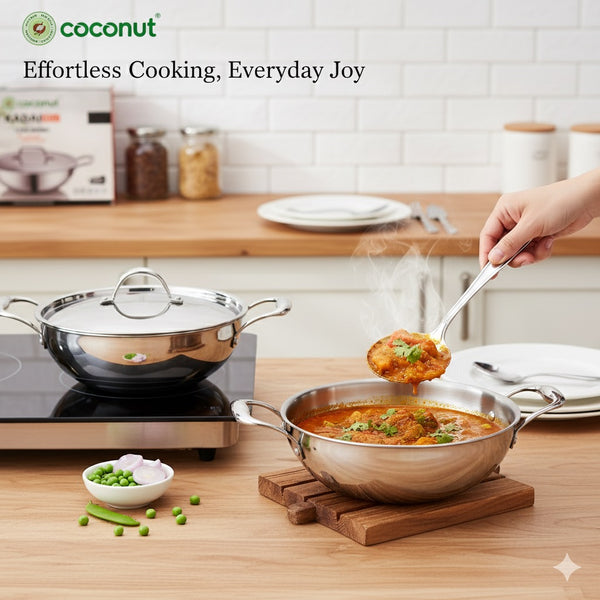 Coconut Stainless Steel Triply Kadai with lid | Heat resistant handles- Gas and Induction stove compactible | Even heat distribution