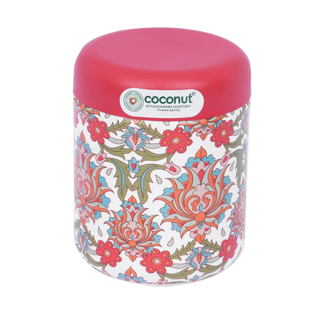 Coconut Stainless Steel Pink Printed Designer Canister | Kitchen organizer for Grains, Pulses, Atta, Snacks, Spices |Candy Box | Dabba |Dibba| Container