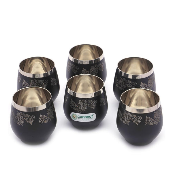 Coconut Stainless Steel Boomer Black Designer Glass Set of 6 | Laser Print Drinkware for Water, Juice & Beverages | Rust-Proof, Durable & Reusable Tumblers | Perfect for Home, Kitchen & Gifting.