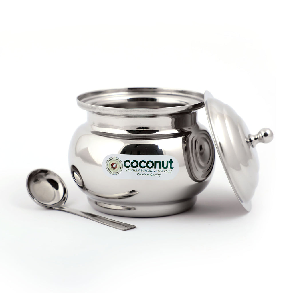 Coconut Stainless steel Ghee Pot -  Oil dispenser / Ghee pot with spoon / Ghee Dhani /  Ghee Storage container /  Ghee Serving Jar /  Matka Shape / Multipurpose Ghee Pot / Pickle Container, Heavy Gauge, Mirror Finish, Model - Ghee Pot 04