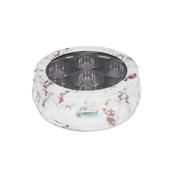 Coconut Stainless Steel Masala Box C-thru Lid |Belly Shape Marble look | Heavy Gauge, Food Grade | Spice Organizer | Masala Dhani | Masala dabba | Chamak | Kitchen Storage Containers