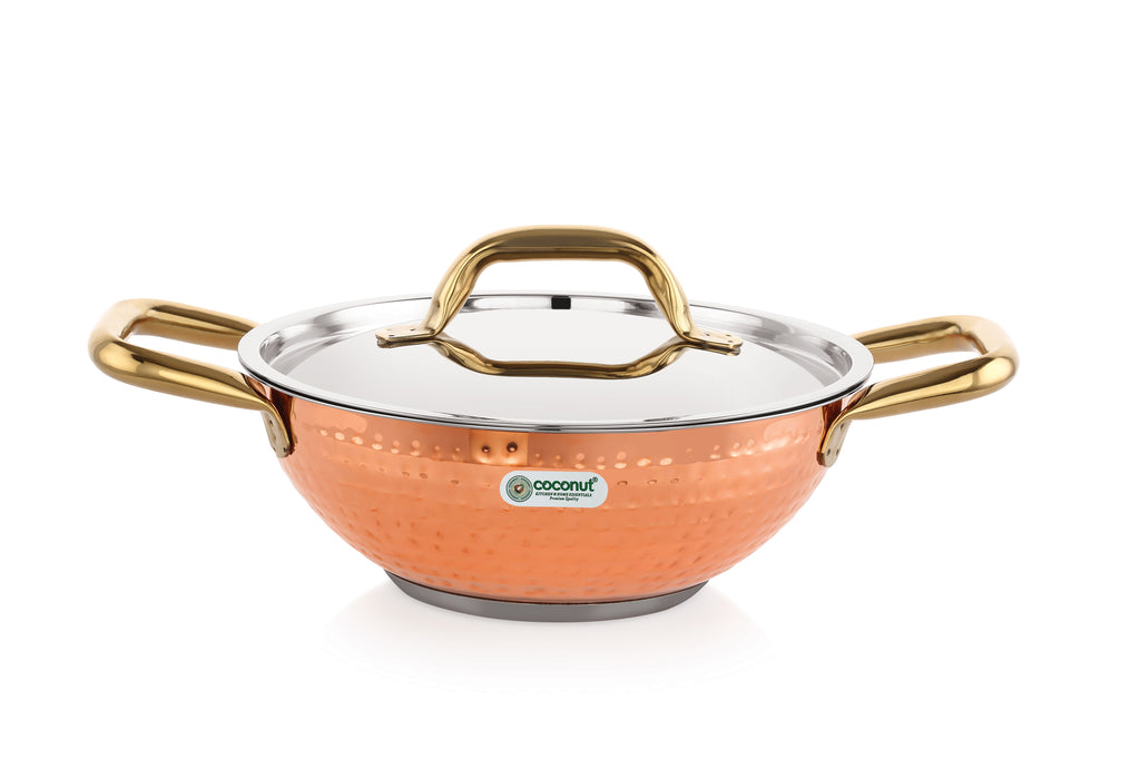Coconut Serene Stainless Steel Copper Finish Hammered Design Capsulated Kadai with lid - 1 unit