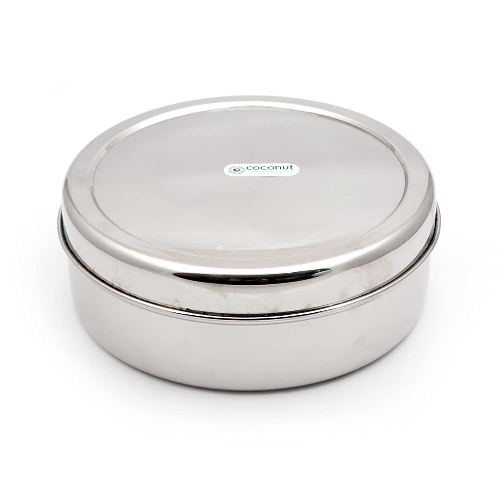 Coconut Stainless Steel Standard Masala Box - with 7 Bowls, Round Shape, Inner Lid, Mirror Finish, Heavy Gauge, Spice Container / Masala Dhani / Masala dabba / Chamak, Model - Standard Masala Dabba