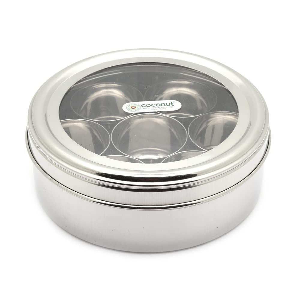 Coconut Stainless Steel Round Spice Container/Masala Box with 7 Bowls - 1 Unit - Diamater - 21 Cm