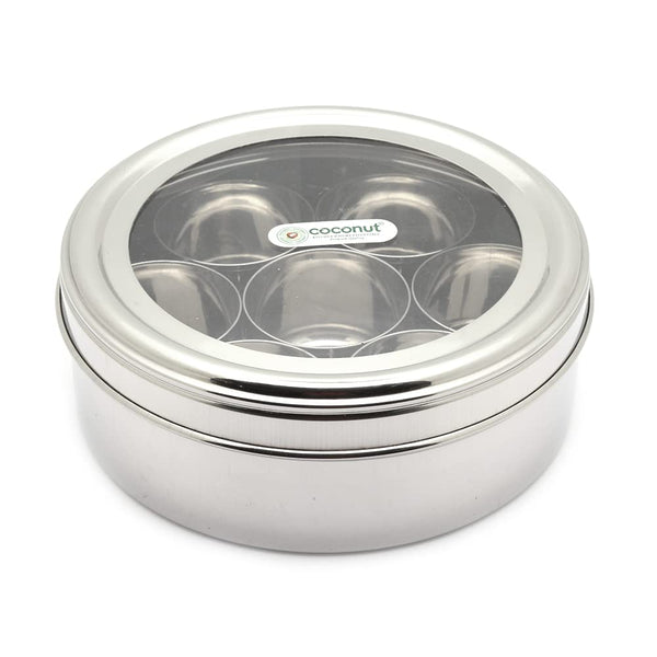 Coconut Stainless Steel MB2 Masala Box with 7 Containers & Transparent Lid | 100ml Each Spice Container | Masala Dabba for Indian Kitchen | Food Grade Steel Spice Storage Organizer | Rust Proof, BPA Free, Dishwasher Safe.