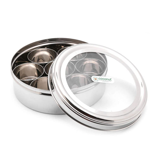 Coconut Stainless Steel Masala Box Glass Lid- 7 Bowls, Round Shape, Mirror Finish, Heavy Gauge, Spice Container / Masala Dhani / Masala dabba / Chamak, Model - MB2 Masala Box