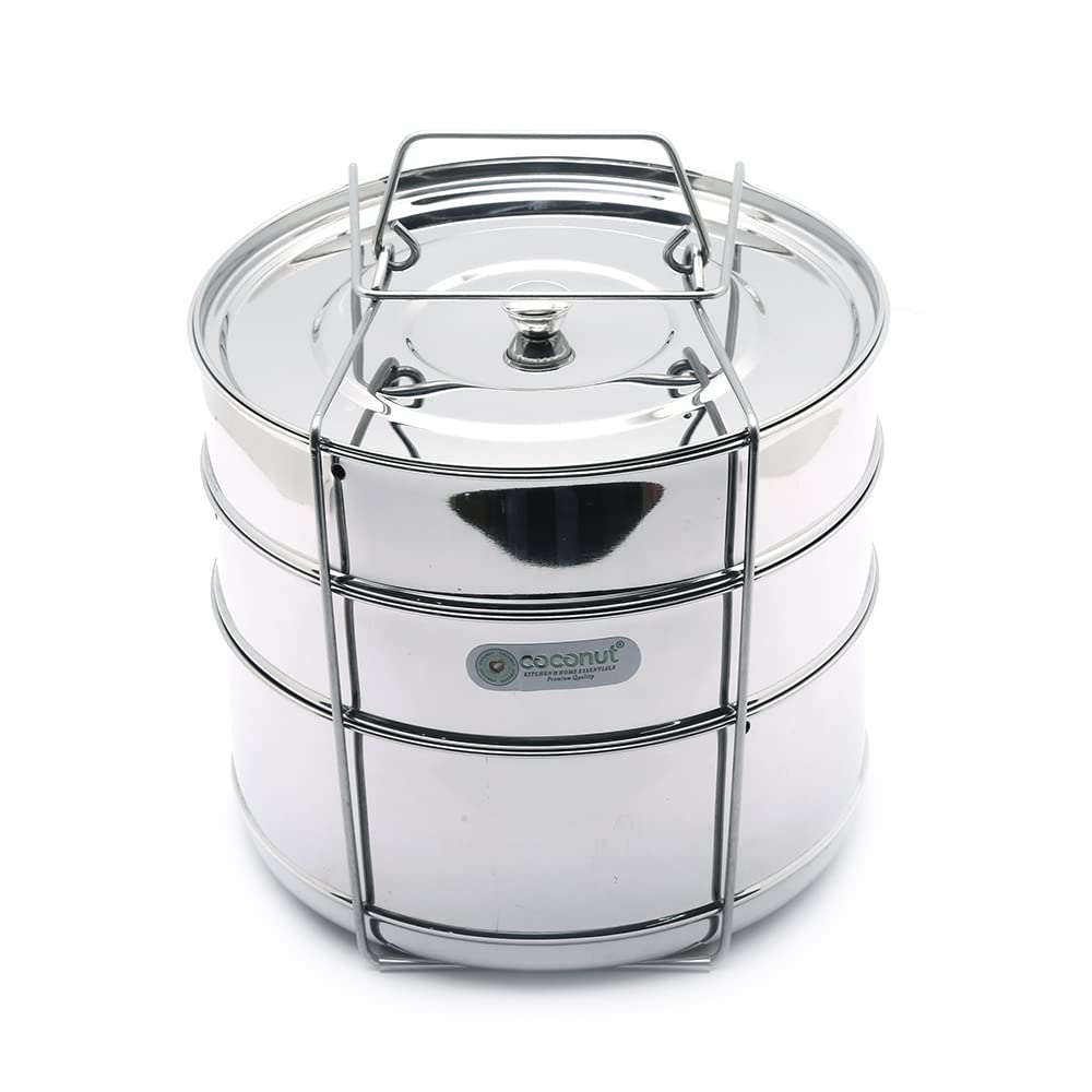 Coconut Stainless Steel Stackable Cooker Separator Containers for 10 litres Cooker I Set of 3 with Lid & Lifter (Suitable for Prestige 10 Litre All Models)