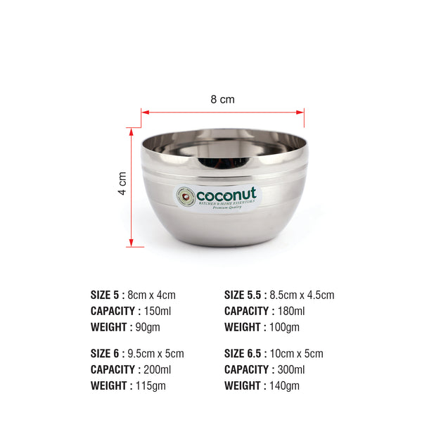 Coconut Stainless Steel Vegetable Serving Bowl/Vati – Model - C14 Ringer Vati (Pack of 6)