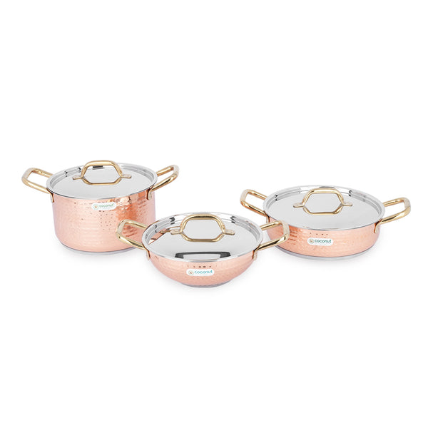 Coconut Serene Stainless Steel Copper Finish Hammered Design Capsulated Stockpot, Kadai & Skillet With Lid