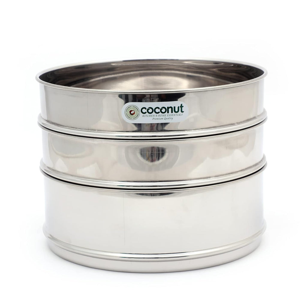 Coconut Stainless Steel 3-Tier Pressure Cooker Separator Set | Stackable Cooking Containers | Rust-Proof, High-Grade Mirror Finish.