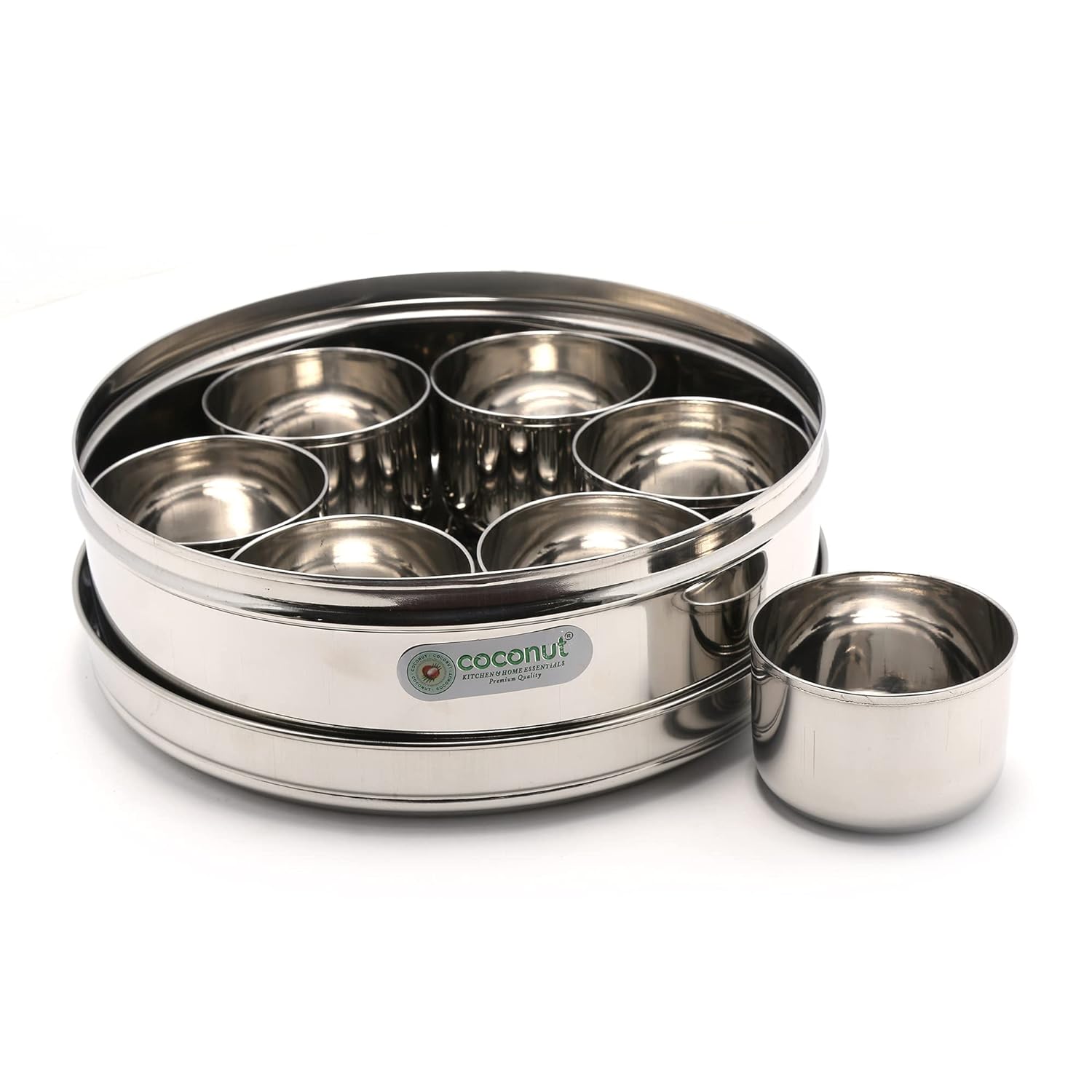 Coconut Stainless Steel Standard Masala Box - with 7 Bowls, Round Shap ...