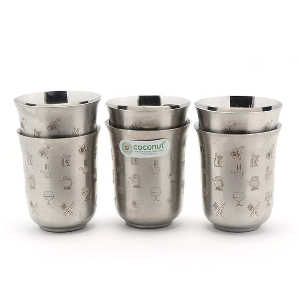Coconut Stainless Steel Glasses - Set of 6, 270ml each | Laser Printed Tumblers Food Grade, Strong, Multipurpose Glass | Ideal for daily use Water, Juice, Milk, Lassi & Soft drinks  Model - A32 Steel kafe