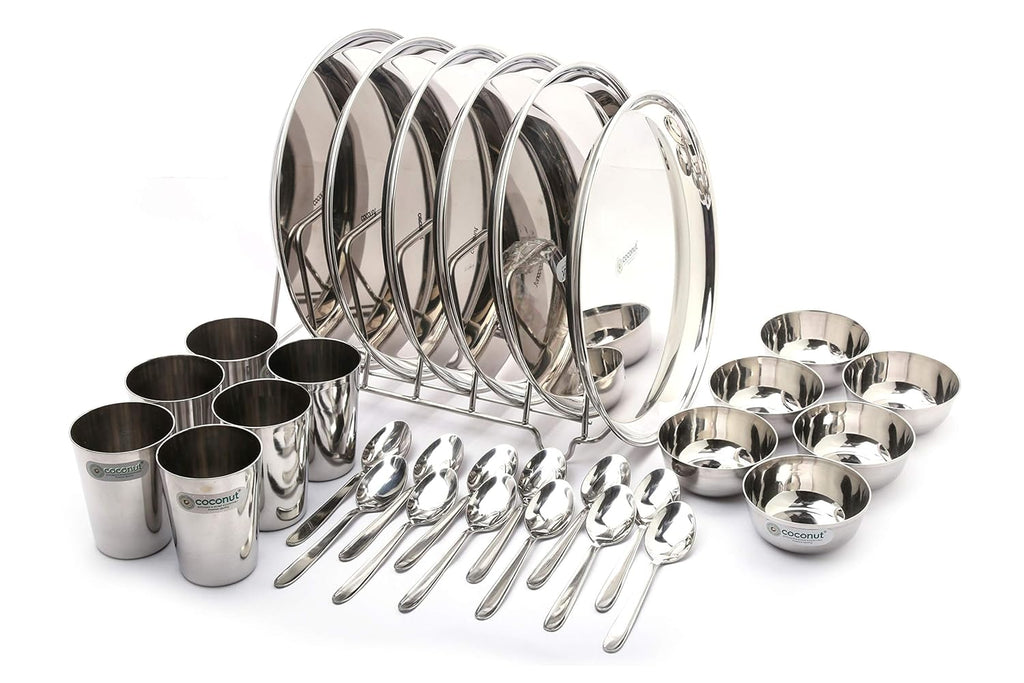 Coconut Stainless Steel (Heavy Guage) Mirror Finish Happy Dinner Set/Dinnerware & Serveware - 30 Pc