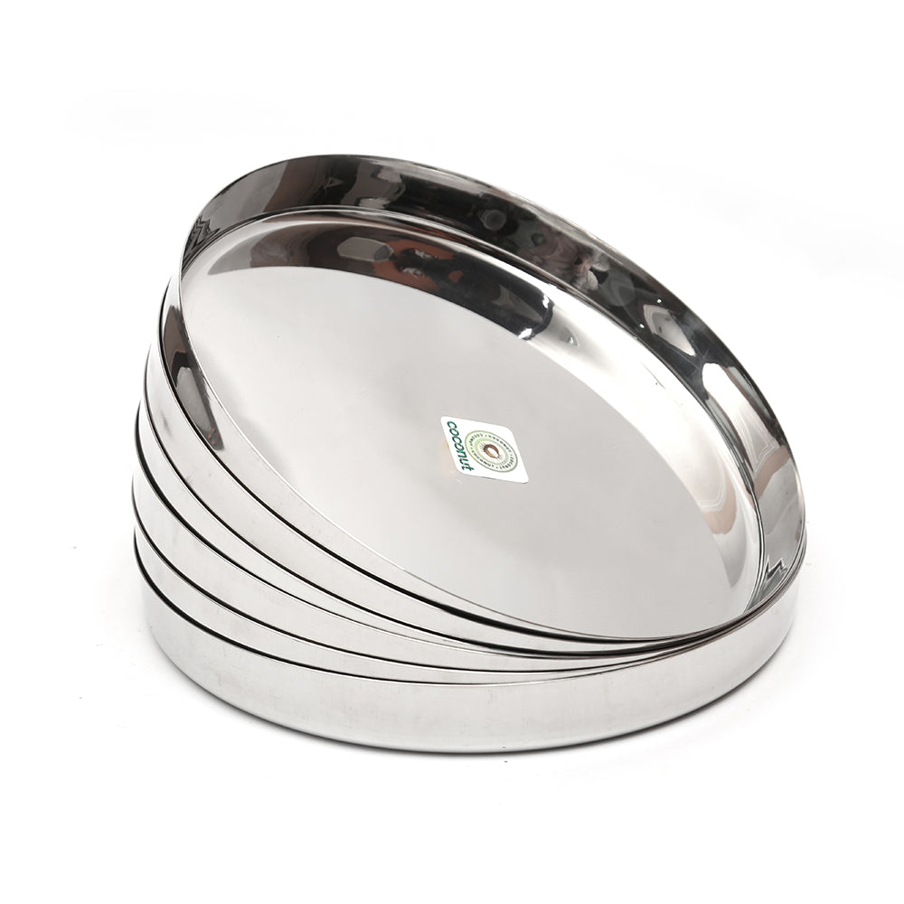 Coconut Stainless Steel Plate Pack of 6, Heavy Gauge, Mirror Finish, Solid, Dinner Plate Meal Plate Serving Plate/ Thali Thaal, Model-22g Plain
