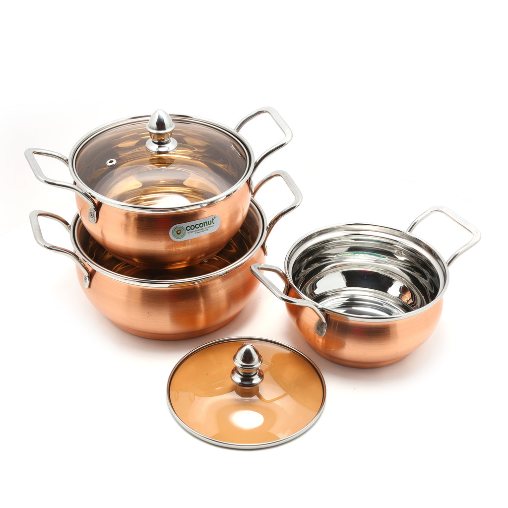 Coconut Minar Copper With Glass Lid Handi - Food Grade, Mirror Finish, Heavy Gauge, Serveware, Cookware, Model - Minar Copper Glass Lid