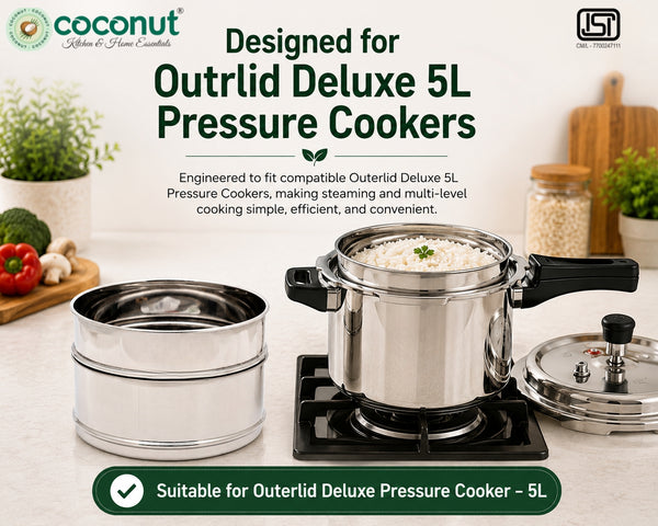 Coconut Stainless Steel Cooker Separator Combo Set for Prestige Deluxe 5 Litre Outer Lid Pressure Cooker | 2-Tier Steamer Containers | Food Grade, Rust Proof, Dishwasher Safe | Steam Rice, Vegetables, & Snacks.