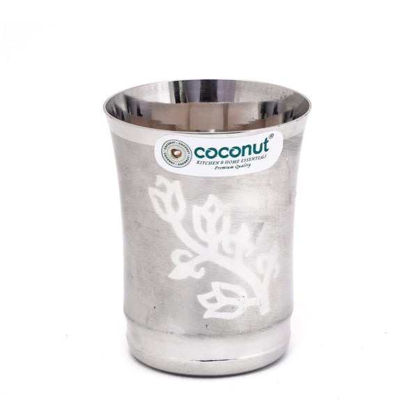 Coconut Stainless Steel Set of 6 Glasses - Capacity 150ml, Pari Matt Flora Design, Heavy Gauge, Durable, Food Grade, BPA Free, Model-A25 Matt Flora , Drinking Glass For Serving Water / Juice / Beverages