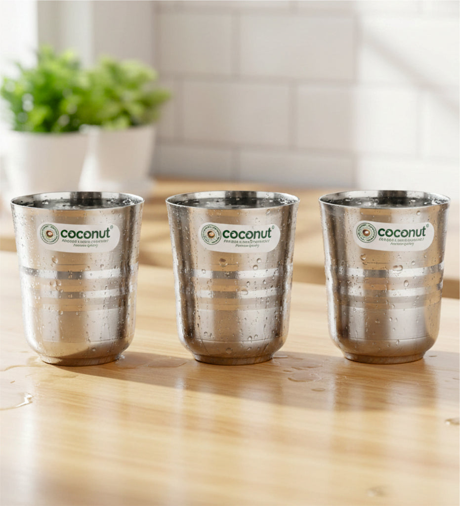 Coconut A2 Stainless Steel Drinking Glass, 250ml Each | Matte Finish Designer Tumbler Glasses | Food Grade Stainless Steel | Rust Resistant, BPA Free, Easy to Clean | Premium Water, Juice & Beverage Glasses.