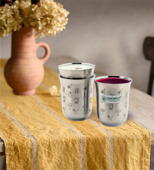 Coconut Stainless Steel Glasses - Set of 6, 270ml each | Laser Printed Tumblers Food Grade, Strong, Multipurpose Glass | Ideal for daily use Water, Juice, Milk, Lassi & Soft drinks.