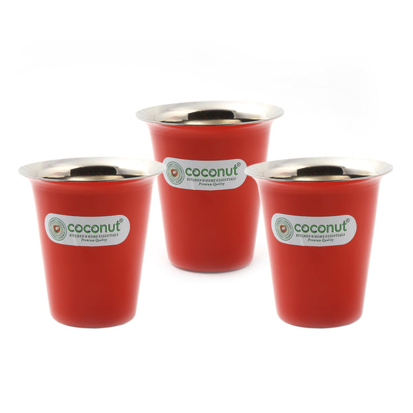 Coconut Stainless Steel Colour Glass Set of 3 | Food Grade Tea, Coffee, Water & Juice Tumbler | Heavy Gauge Mirror Finish Steel Glass | Available in Red, Black & Green Colours | BPA Free & Durable | Model - A38 Colour Glass.