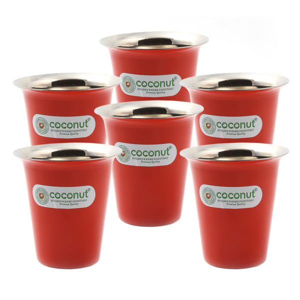 Coconut Stainless Steel Colour Glass Set of 6 | Food Grade Tea, Coffee, Water & Juice Tumbler | Heavy Gauge Mirror Finish Steel Glass | Available in Red, Black & Green Colours | BPA Free & Durable | Model - A38 Colour Glass.